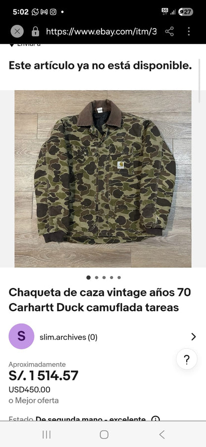 1985 Vintage Carhartt CQ103 Duck Camo Hunting Jacket (M/L)
