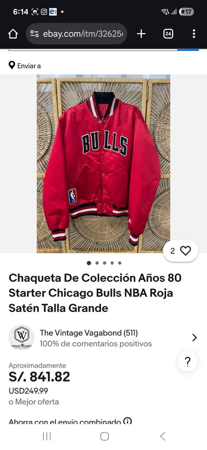 1980 Vintage Starter NBA Chicago Bulls Satin Bomber Jacket (L)