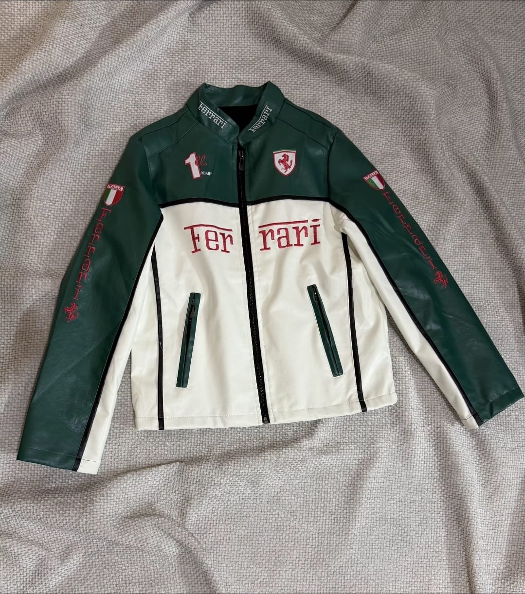 Ferrari Green and White Vegan Leather Jacket