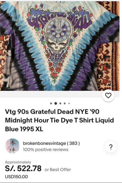1995 Vintage Liquid Blue Grateful Dead NYE 1990 Tie Dye Longsleeve (M/L)