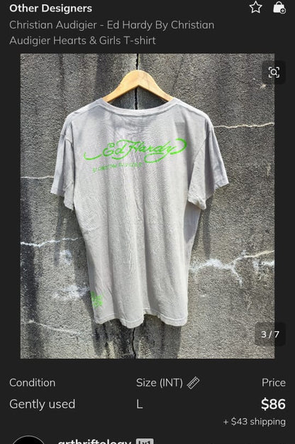 Y2K Vintage Ed Hary by Christian Audigier Rhinestone Graphic T-shirt (L/XL)