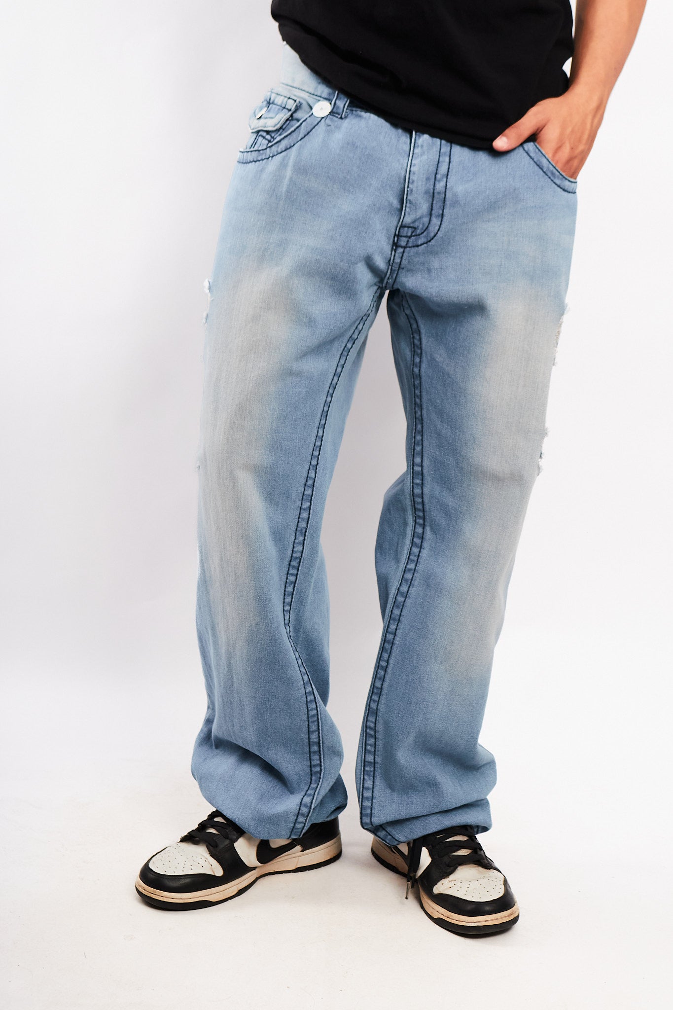Y2K Vintage True Religion Flap T Light Blue Washed Jean (34)