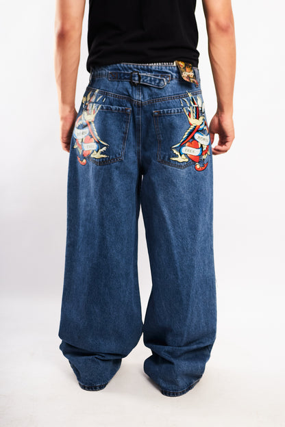 Vintage Y2K Ed Hardy Tattoo Print Born Free Baggy Wide Leg Jean (32)