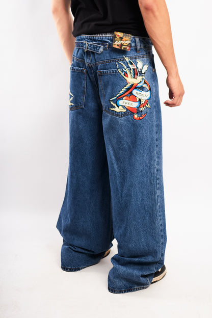 Vintage Y2K Ed Hardy Tattoo Print Born Free Baggy Wide Leg Jean (32)