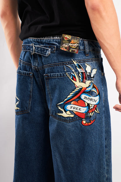 Vintage Y2K Ed Hardy Tattoo Print Born Free Baggy Wide Leg Jean (32)